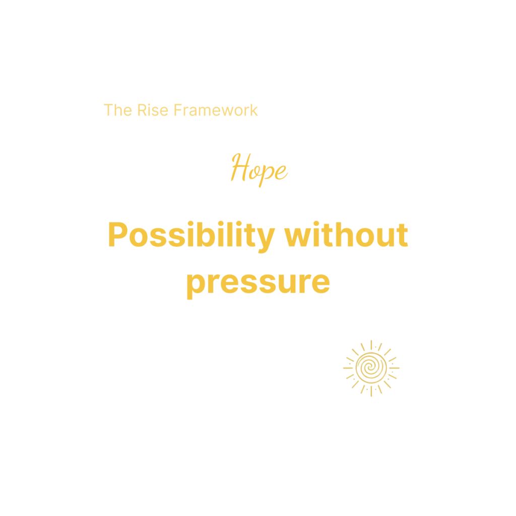 Beaming bernie logo and stylised lettering in gold symbolising growth and leadership saying Hope - possibility not pressure. From the Beaming Bernie Rise Framework