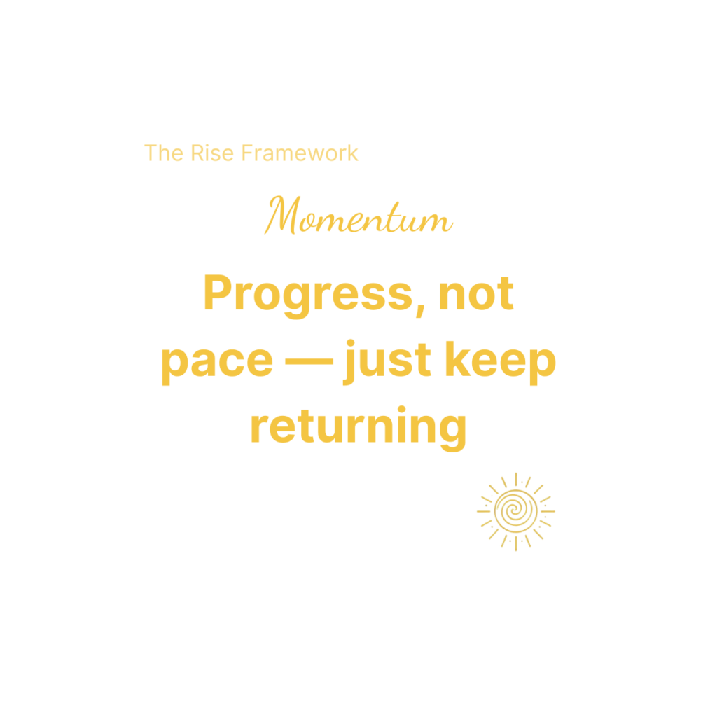 Beaming bernie logo and stylised lettering in gold symbolising growth and leadership saying Momentum - progress not pace, just keep returning From the Beaming Bernie Rise Framework