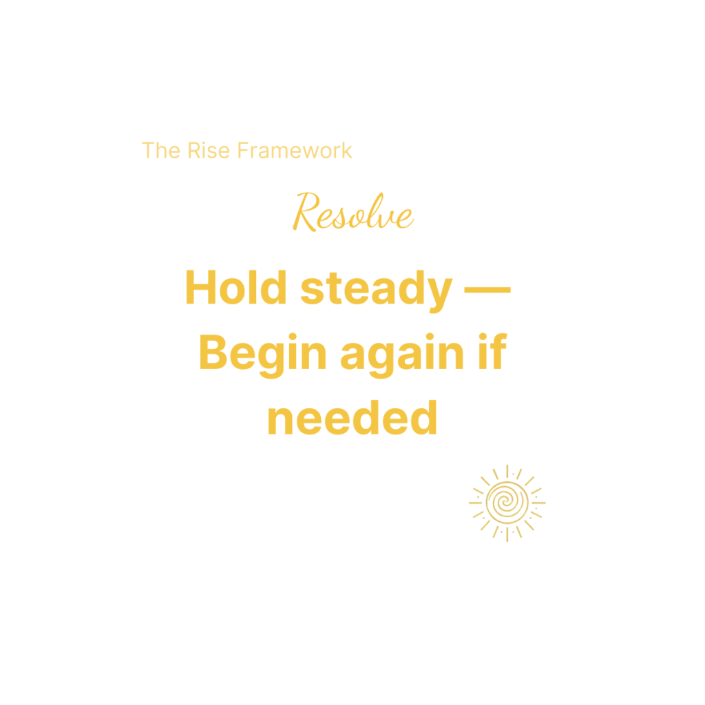 Beaming bernie logo and stylised lettering in gold symbolising growth and leadership saying Resolve: hold steady begin again if needed. From the Beaming Bernie Rise Framework