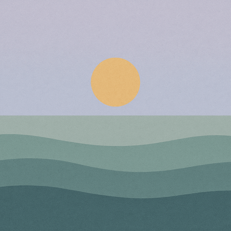 Beaming Bernie minimalist abstract: subdued golden sun above deep teal waves; pale blue-lilac sky. Symbolic of quiet strength and held direction.