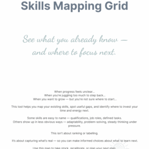 Beaming Bernie Skills Mapping Grid cover – slate grey, quadrant layout, “See what you’re already carrying — and where to focus next.”