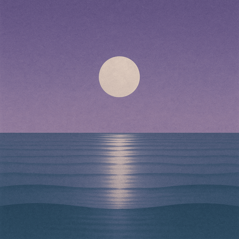 Beaming Bernie minimalist abstract: moonlight track across gently rippled water; twilight violet and soft silver palette. Symbolic of courage settling into calm.