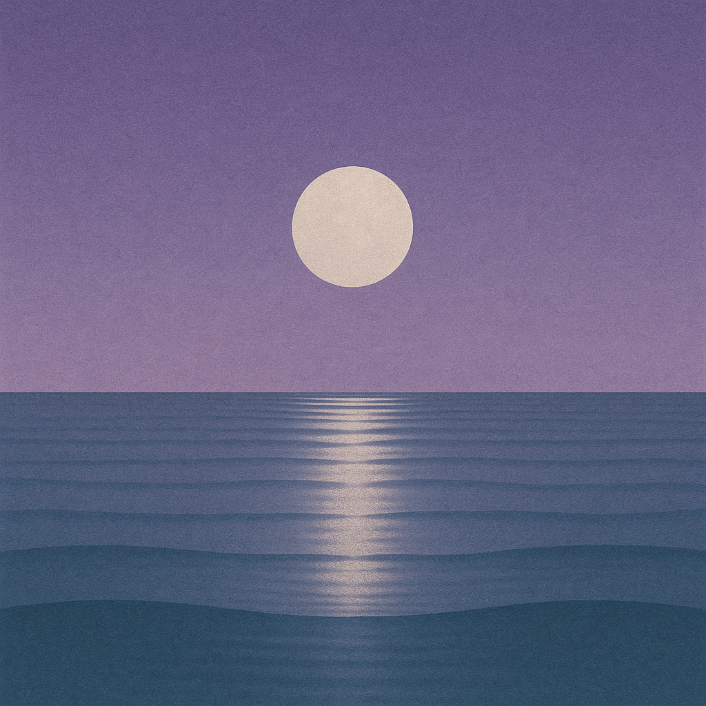 Beaming Bernie minimalist abstract: moonlight track across gently rippled water; twilight violet and soft silver palette. Symbolic of courage settling into calm.
