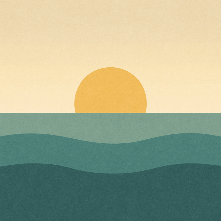 Beaming Bernie minimalist abstract: low soft-golden sun emerging over calm teal waves; pale gold→cream dawn sky. Symbolic of noticing, pause, and gentle reset.