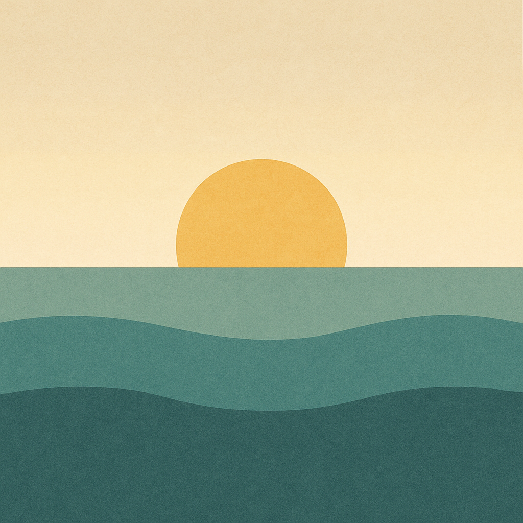 Beaming Bernie minimalist abstract: low soft-golden sun emerging over calm teal waves; pale gold→cream dawn sky. Symbolic of noticing, pause, and gentle reset.