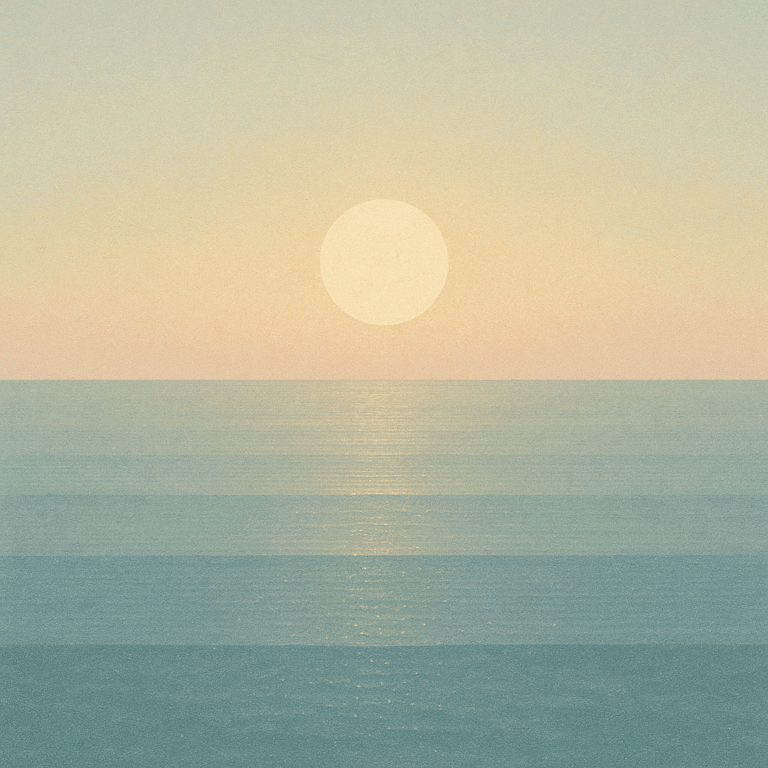 Beaming Bernie minimalist abstract: brightening sun breaking light haze; pale yellow→blue gradient; gentle sparkle on waves. Symbolic of perspective and renewed focus.