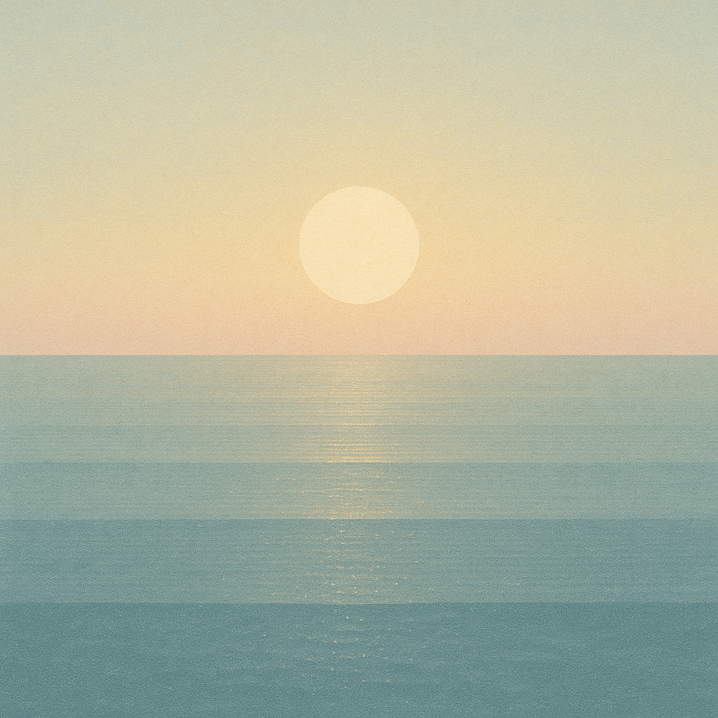 Beaming Bernie minimalist abstract: brightening sun breaking light haze; pale yellow→blue gradient; gentle sparkle on waves. Symbolic of perspective and renewed focus.