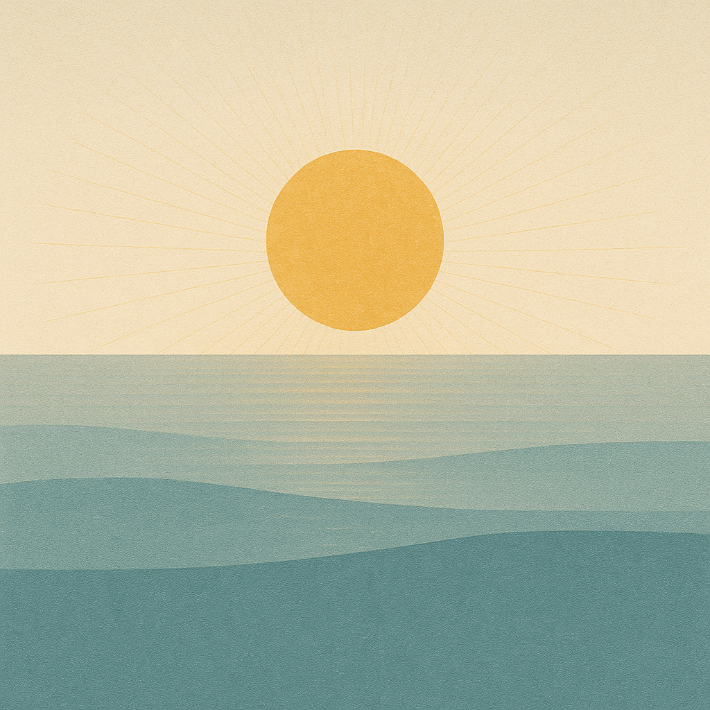 Beaming Bernie minimalist abstract: sun rays implied by subtle paper texture; warm gold over teal waves; clear calm sky. Symbolic of small reframes as daily practice.