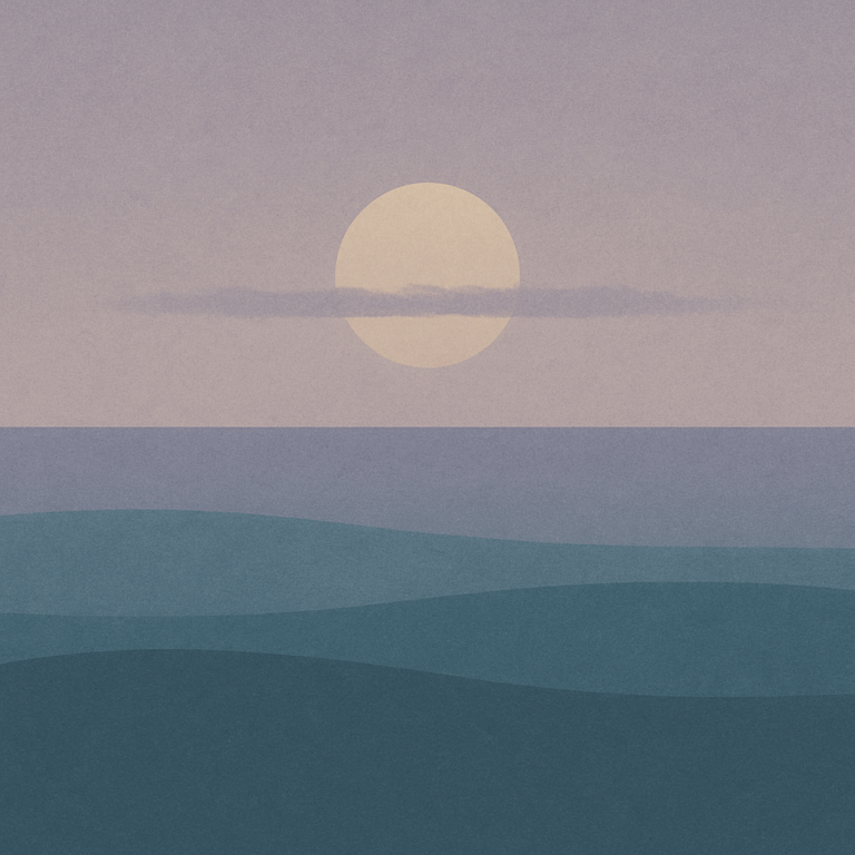 Beaming Bernie minimalist abstract: faint sun behind thin cloud band above deeper teal waves; muted slate–lavender sky. Symbolic of holding perspective when energy dips.