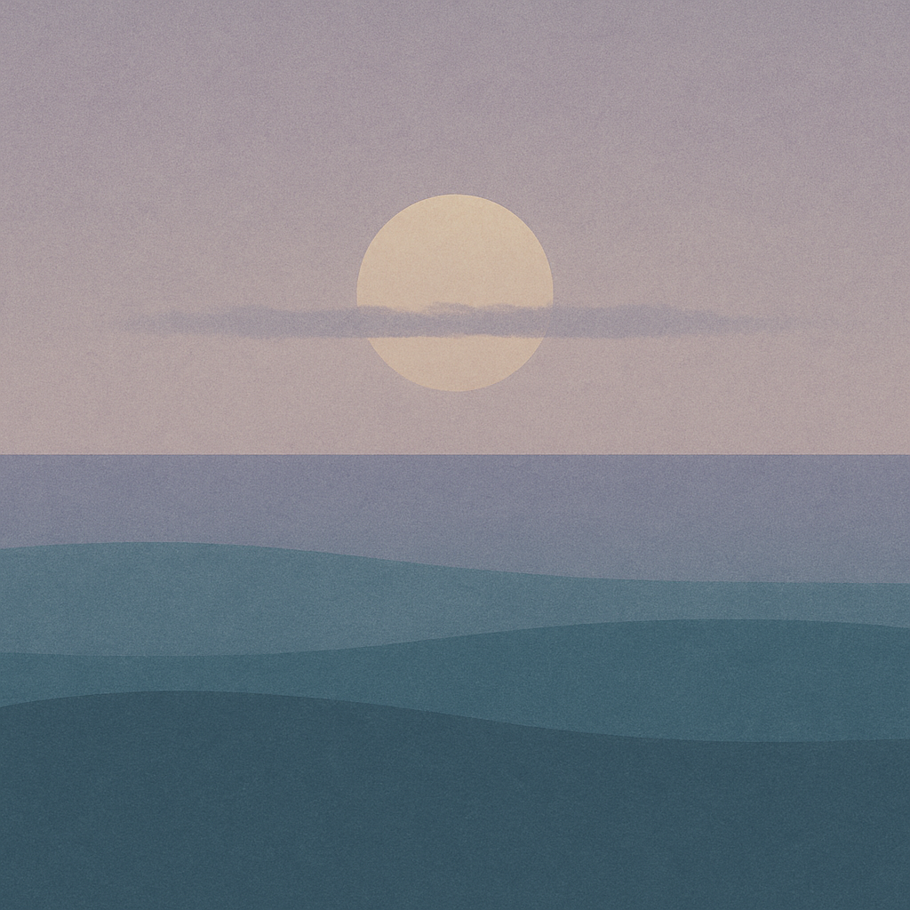 Beaming Bernie minimalist abstract: faint sun behind thin cloud band above deeper teal waves; muted slate–lavender sky. Symbolic of holding perspective when energy dips.