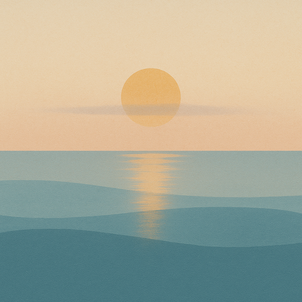 Beaming Bernie minimalist abstract: rising golden sun with longer light path across waves; warm cream-blue gradient. Symbolic of sustainable momentum.