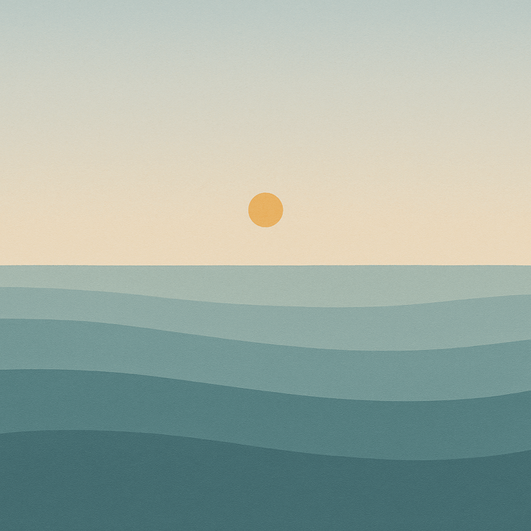 Beaming Bernie minimalist abstract: sequence of gentle wave layers suggesting forward motion; sun modestly higher; clear sky. Symbolic of stacking small wins.