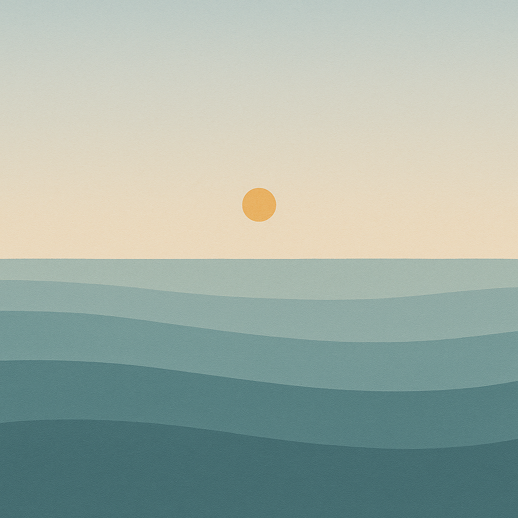 Beaming Bernie minimalist abstract: sequence of gentle wave layers suggesting forward motion; sun modestly higher; clear sky. Symbolic of stacking small wins.