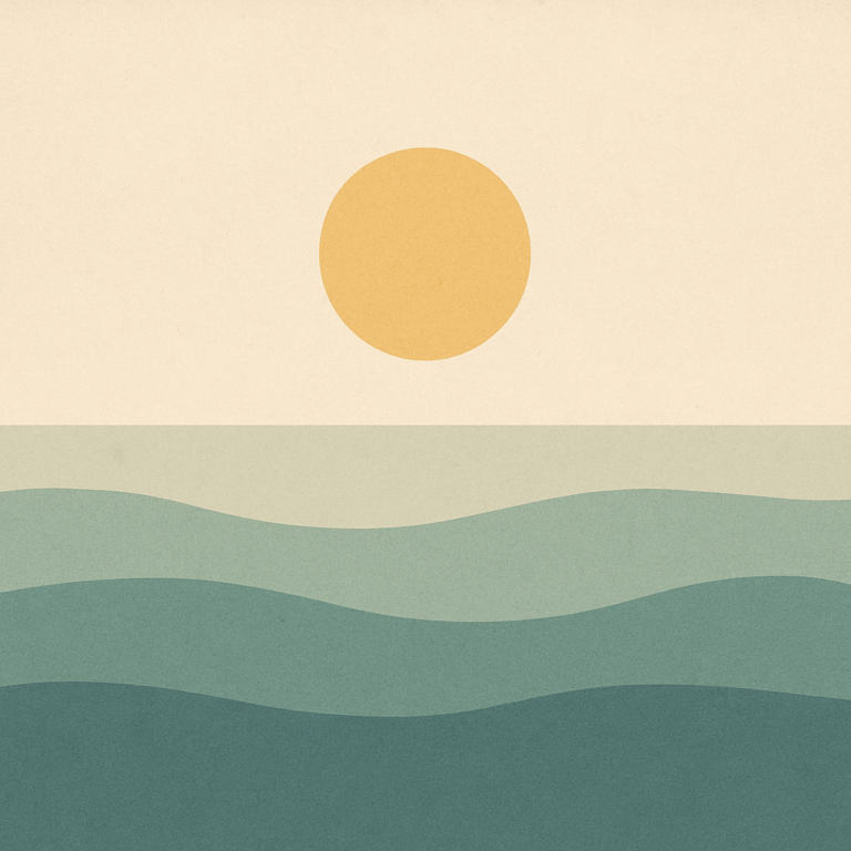 Beaming Bernie minimalist abstract: sun steady, not high; wide, even wave spacing; soft neutrals. Symbolic of deliberate pacing and endurance.