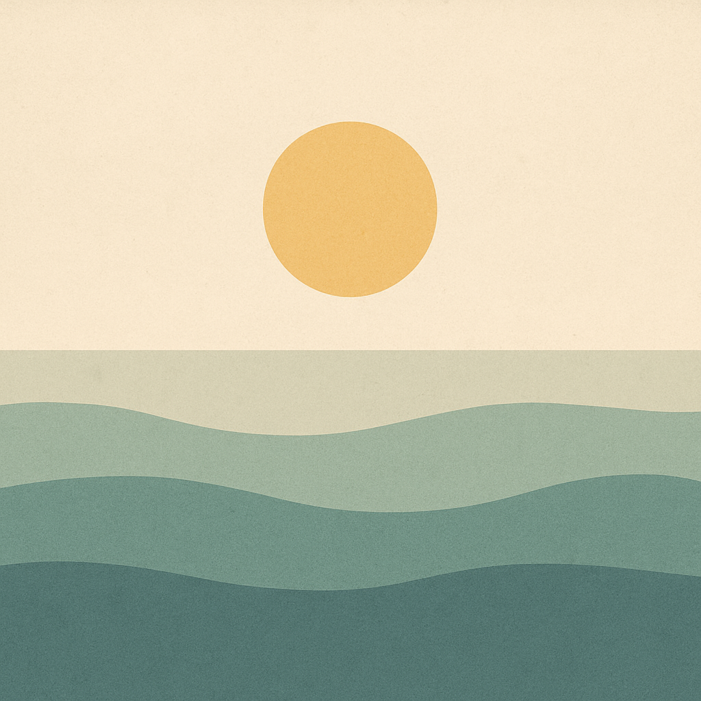 Beaming Bernie minimalist abstract: sun steady, not high; wide, even wave spacing; soft neutrals. Symbolic of deliberate pacing and endurance.