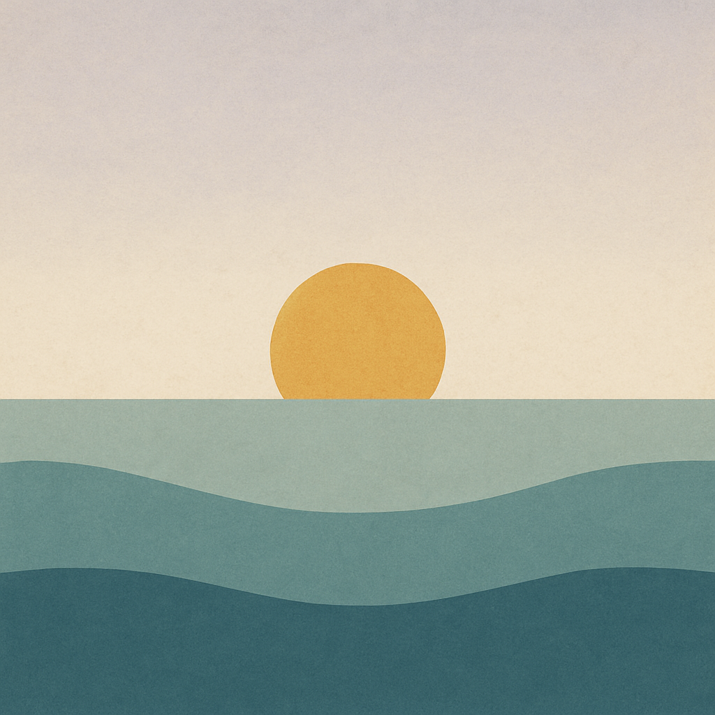 Beaming Bernie minimalist abstract: sun aligned centrally over a clean horizon; balanced gradients. Symbolic of steadiness, alignment, and calm confidence.