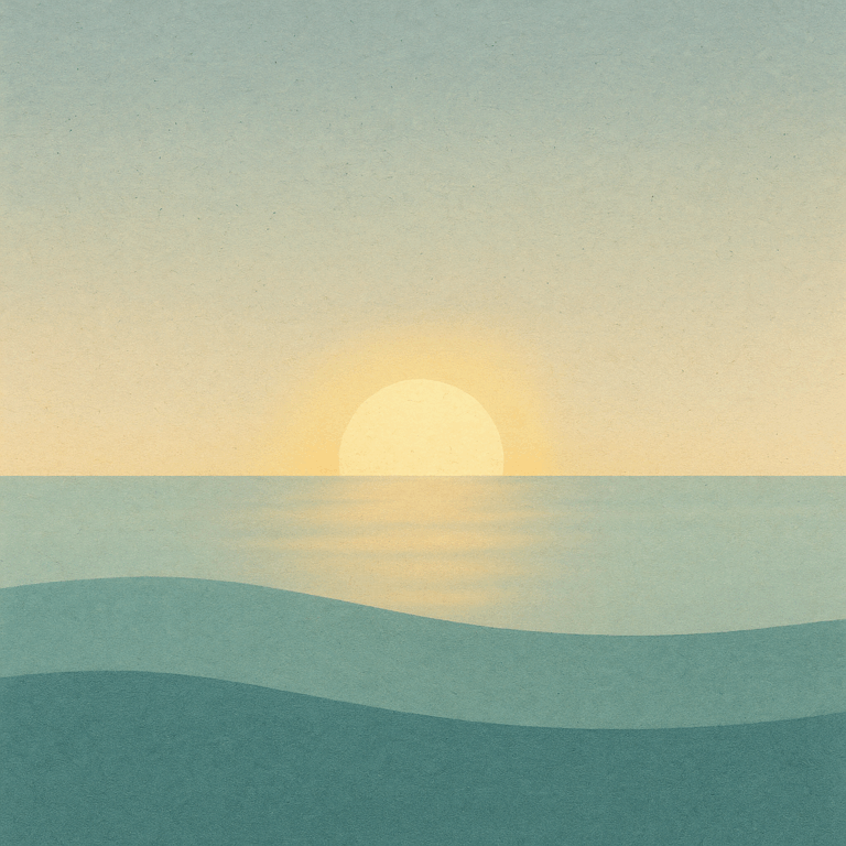 Beaming Bernie minimalist abstract: first light at horizon with subtle dual-tone sky (gold–blue); gentle swell. Symbolic of patient hope and steady renewal.