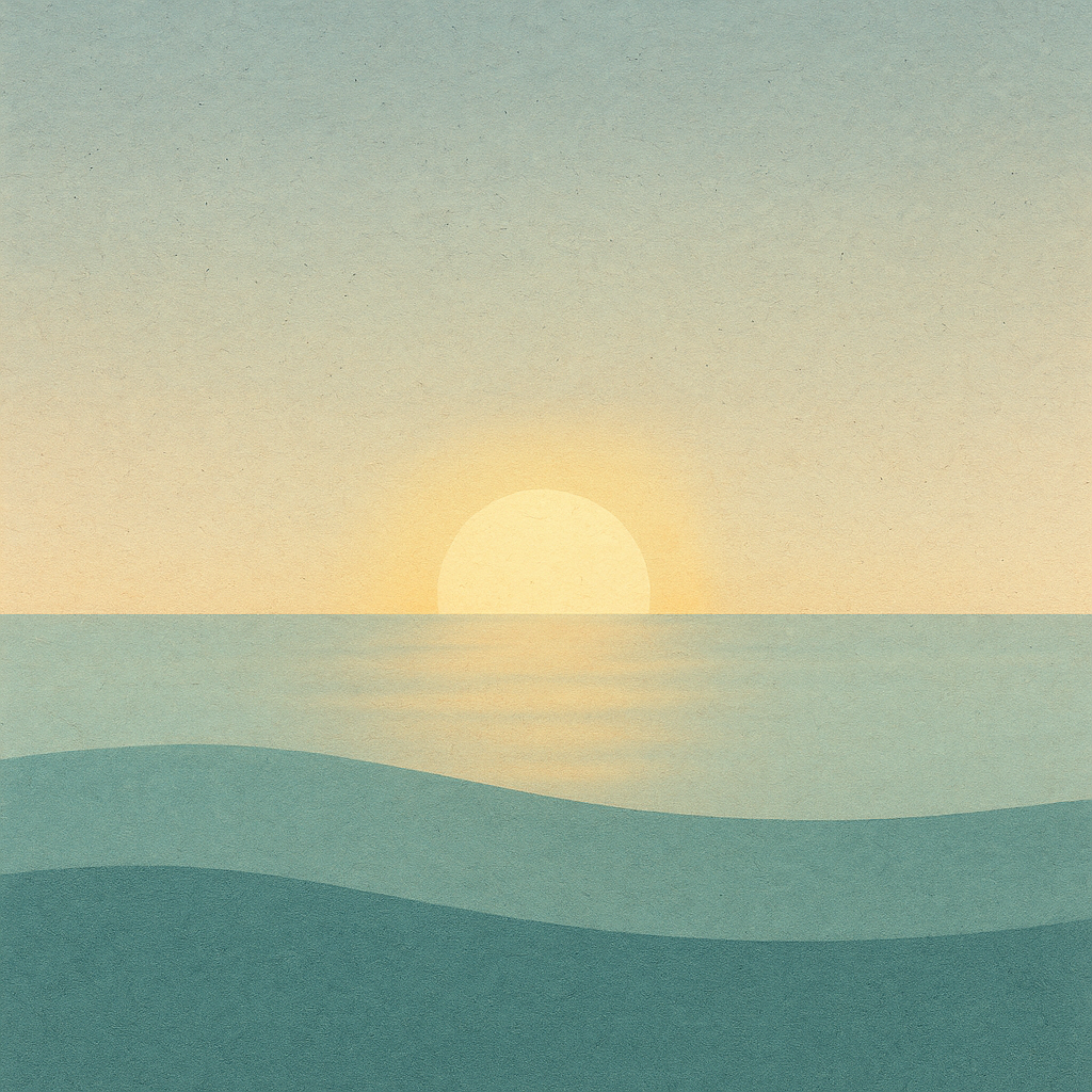 Beaming Bernie minimalist abstract: first light at horizon with subtle dual-tone sky (gold–blue); gentle swell. Symbolic of patient hope and steady renewal.