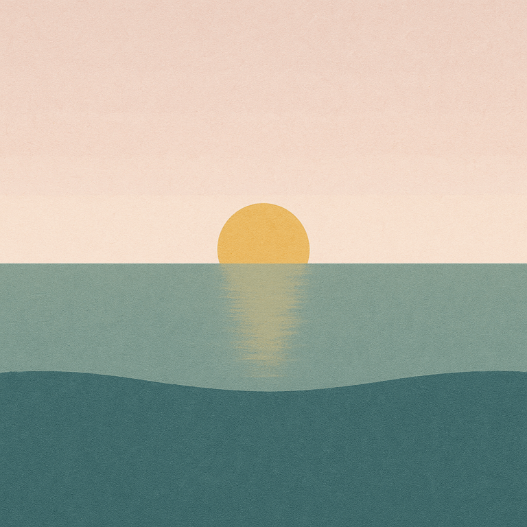 Beaming Bernie minimalist abstract: sun barely above horizon with long reflections in muted teal; quiet blush-cream sky. Symbolic of restorative rest anchored by awareness.