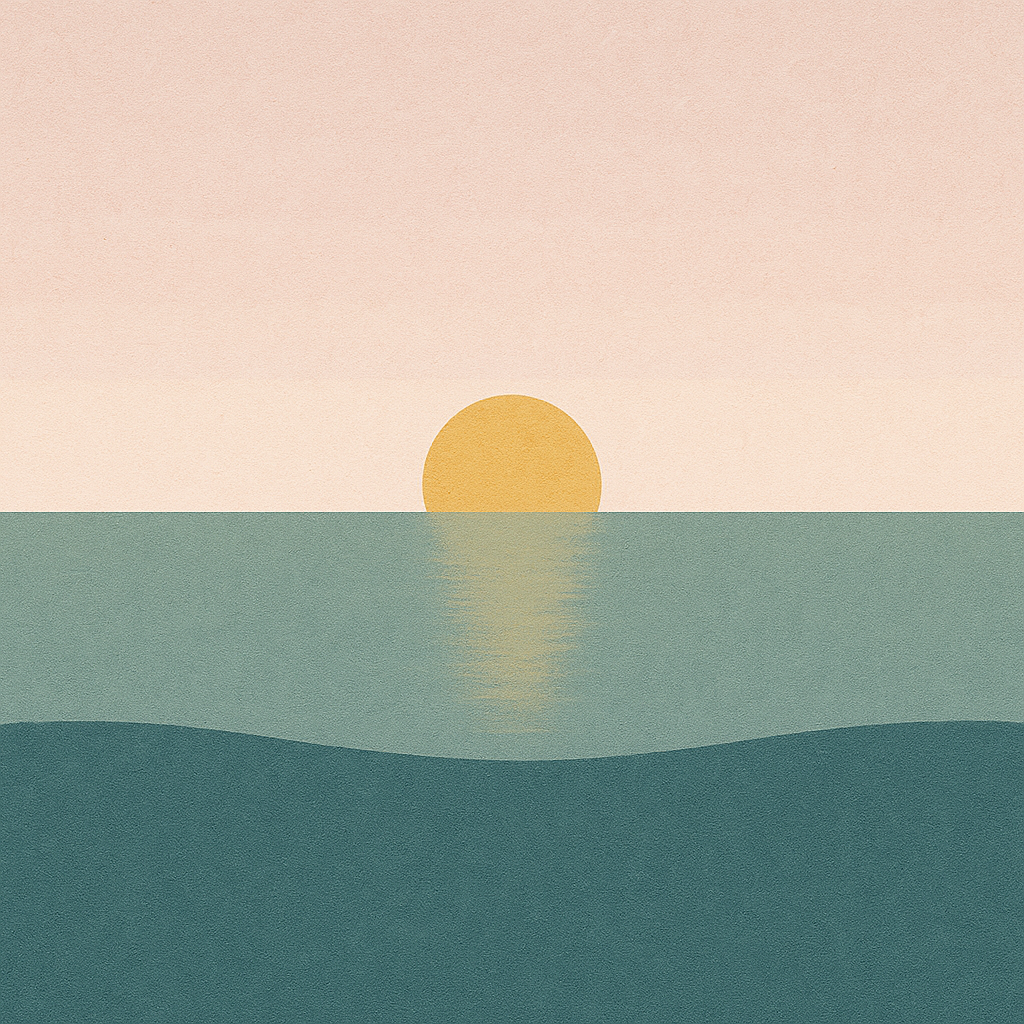 Beaming Bernie minimalist abstract: sun barely above horizon with long reflections in muted teal; quiet blush-cream sky. Symbolic of restorative rest anchored by awareness.
