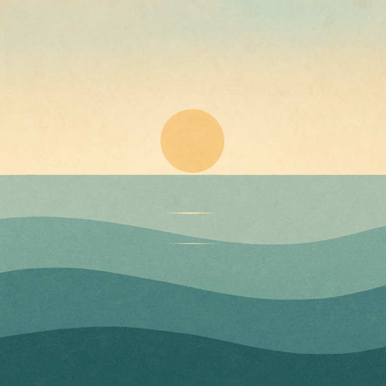 Beaming Bernie minimalist abstract: sun lifting slightly with faint path of light; tranquil teal waves; airy sky. Symbolic of low-pressure steps creating openings.