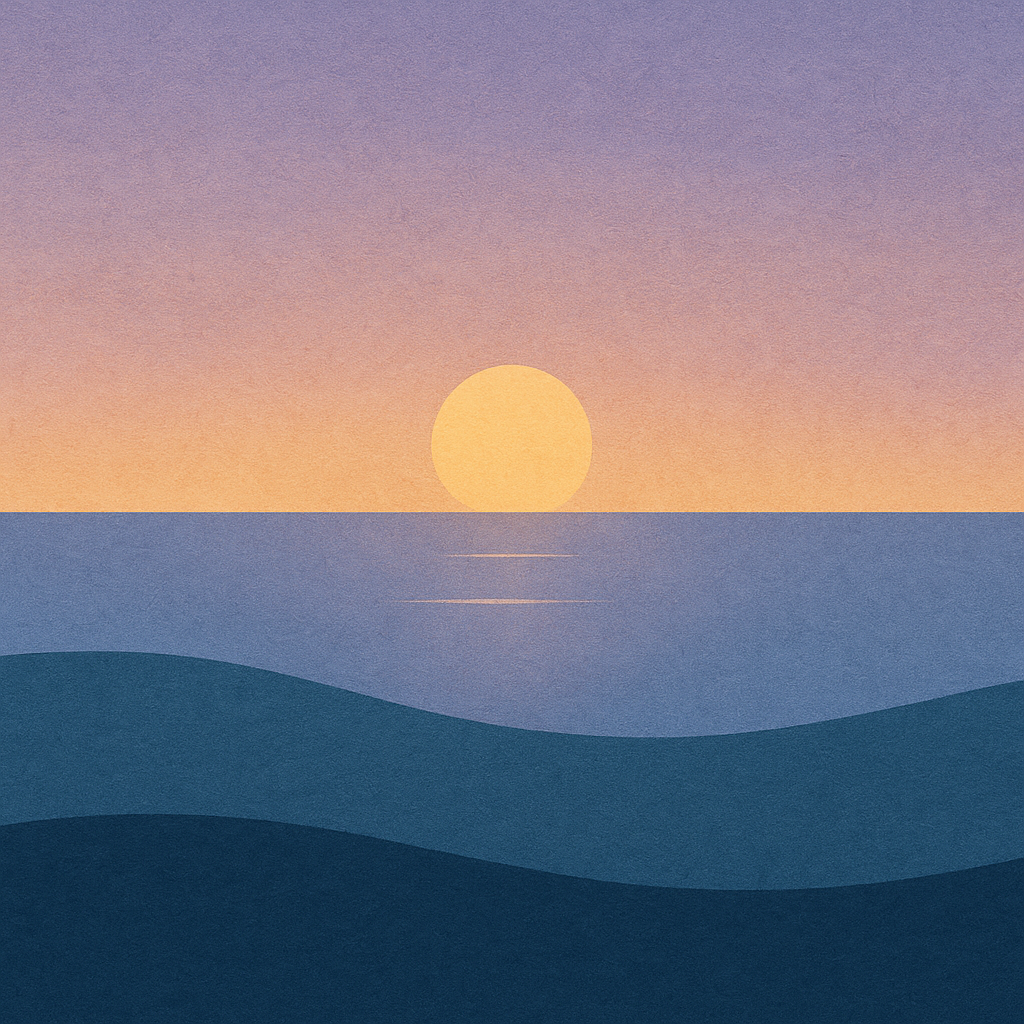 Beaming Bernie minimalist abstract: setting sun mirrored in water; apricot→indigo transition. Symbolic of cyclical endings and soft restarts.