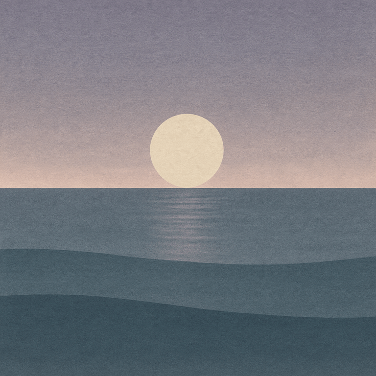 Beaming Bernie minimalist abstract: silver moon above calm waves with gentle mirrored glow; slate→soft lavender sky. Symbolic of reflective learning that powers rhythm.