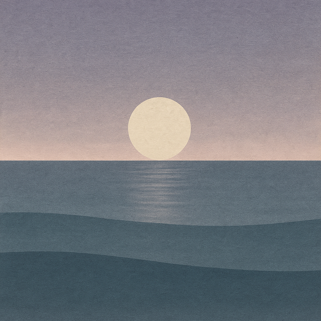 Beaming Bernie minimalist abstract: silver moon above calm waves with gentle mirrored glow; slate→soft lavender sky. Symbolic of reflective learning that powers rhythm.
