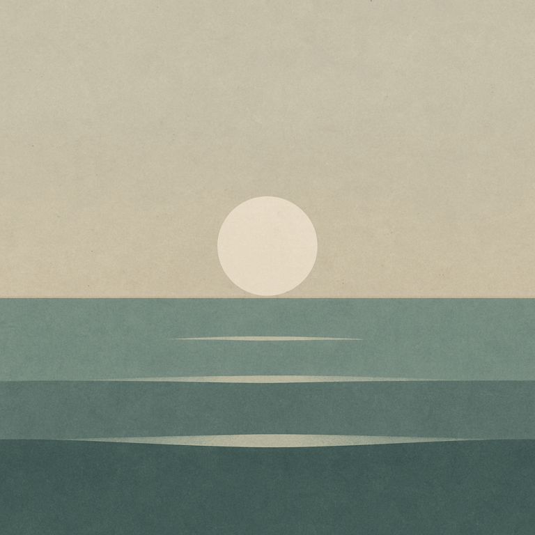 Beaming Bernie minimalist abstract: low moon with clear reflection bands across water; muted neutrals and teals. Symbolic of bite-sized reviews and continuity.