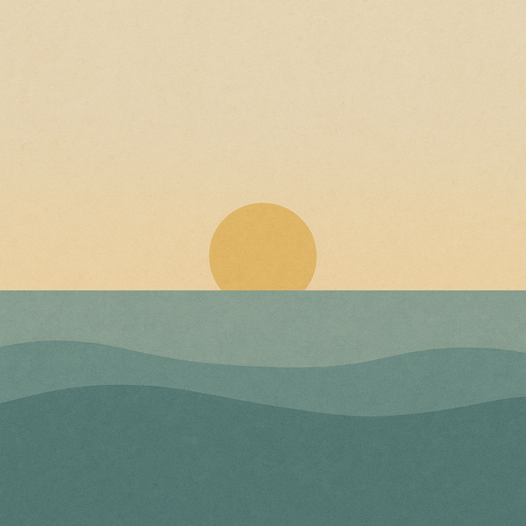 Beaming Bernie minimalist abstract: early dawn sun suggesting new cycle; pale gold/cream sky, calm teal sea. Symbolic of carrying steadiness forward.