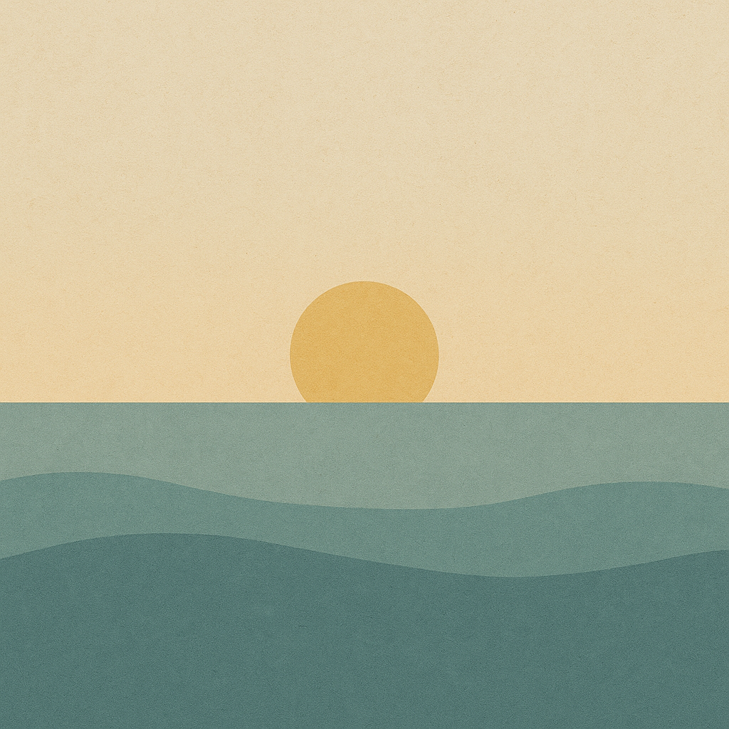Beaming Bernie minimalist abstract: early dawn sun suggesting new cycle; pale gold/cream sky, calm teal sea. Symbolic of carrying steadiness forward.