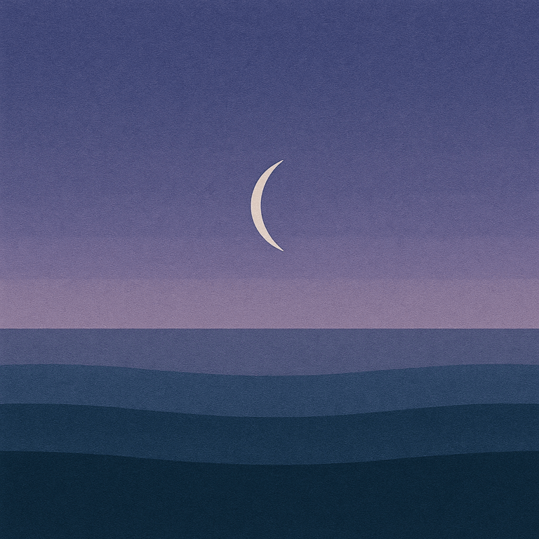 Beaming Bernie minimalist abstract: slender crescent moon above still waves; indigo fading to soft lavender sky. Symbolic of returning rhythm and self-trust.