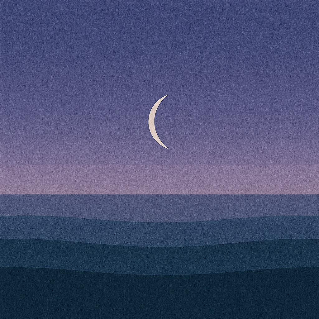 Beaming Bernie minimalist abstract: slender crescent moon above still waves; indigo fading to soft lavender sky. Symbolic of returning rhythm and self-trust.