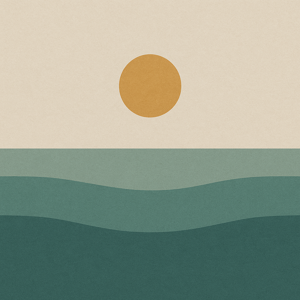 Beaming Bernie minimalist abstract: golden sun framed by evenly layered waves; balanced teal–neutral palette; calm morning sky. Symbolic of scaffolding, steadiness, and safety.