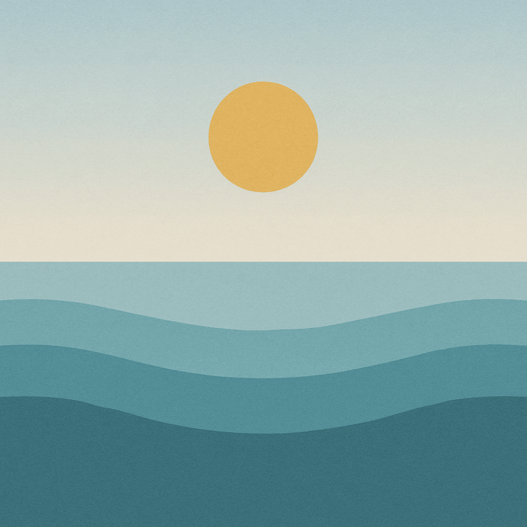 Beaming Bernie minimalist abstract: sun slightly higher with rhythmic, evenly spaced wave bands; pale blue→cream gradient. Symbolic of focus through simple routines.