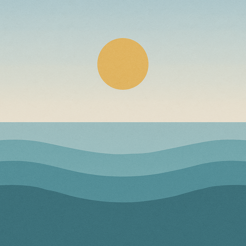 Beaming Bernie minimalist abstract: sun slightly higher with rhythmic, evenly spaced wave bands; pale blue→cream gradient. Symbolic of focus through simple routines.