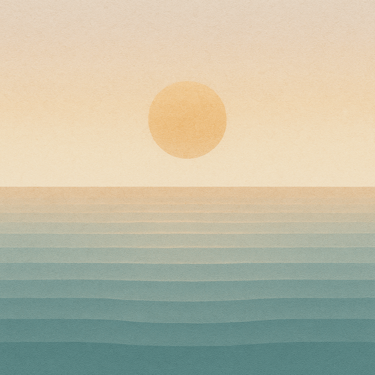 Beaming Bernie minimalist abstract: warm golden sun behind thin haze over gentle waves; soft apricot-gold sky. Symbolic of held direction and compassionate reset.