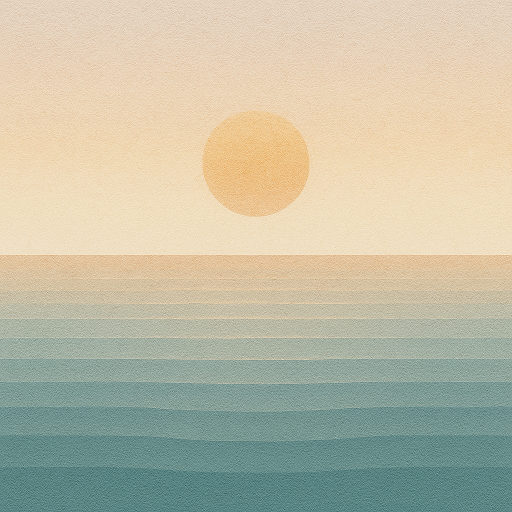 Beaming Bernie minimalist abstract: warm golden sun behind thin haze over gentle waves; soft apricot-gold sky. Symbolic of held direction and compassionate reset.