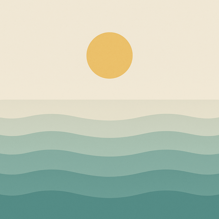 Beaming Bernie minimalist abstract: mid-morning sun steady above repeating wave motifs; neutral cream + teal palette. Symbolic of consistency over intensity.