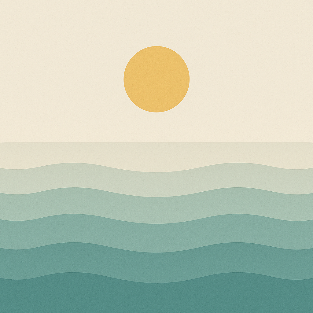 Beaming Bernie minimalist abstract: mid-morning sun steady above repeating wave motifs; neutral cream + teal palette. Symbolic of consistency over intensity.