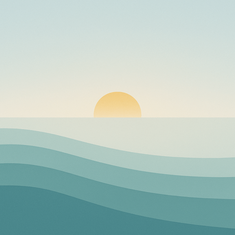 Beaming Bernie minimalist abstract: sun tracing a smooth arc impression above layered waves; pale blue gradient sky. Symbolic of easing decisions via rhythm.