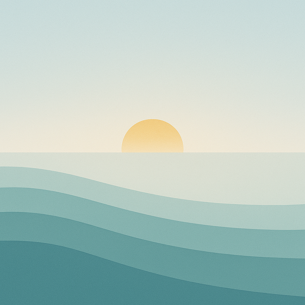 Beaming Bernie minimalist abstract: sun tracing a smooth arc impression above layered waves; pale blue gradient sky. Symbolic of easing decisions via rhythm.