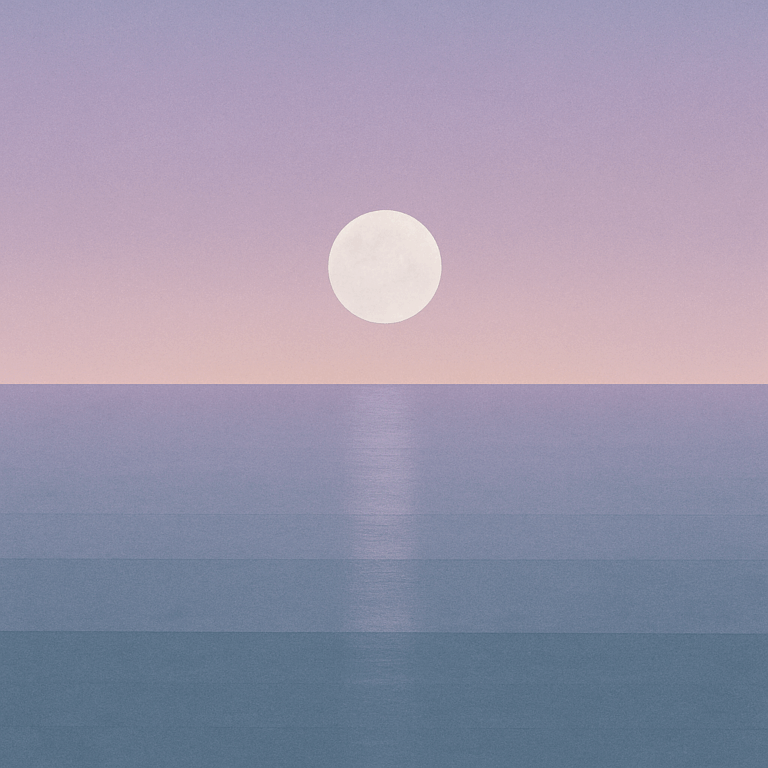 Beaming Bernie minimalist abstract: soft silver moon reflected in calm water; dusk→lavender gradient. Symbolic of grace, compassion, and beginning again.