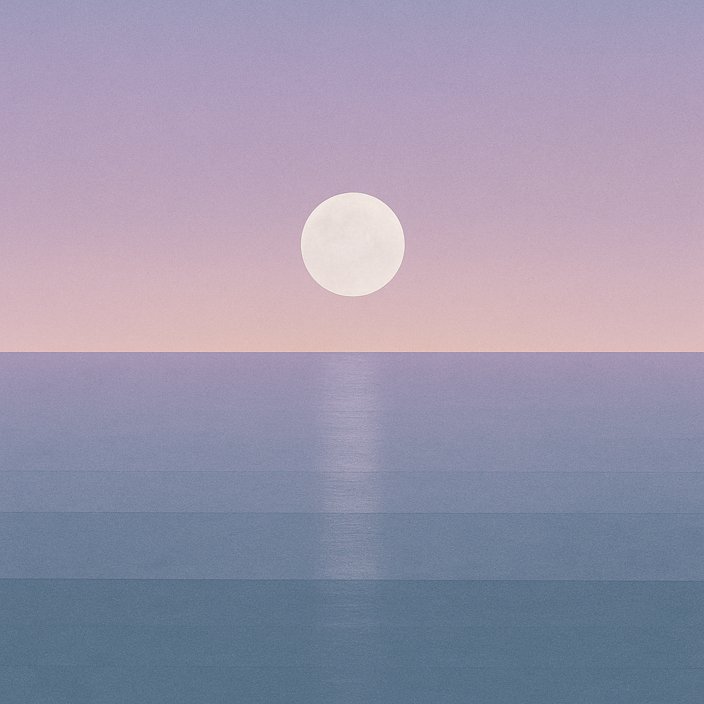 Beaming Bernie minimalist abstract: soft silver moon reflected in calm water; dusk→lavender gradient. Symbolic of grace, compassion, and beginning again.
