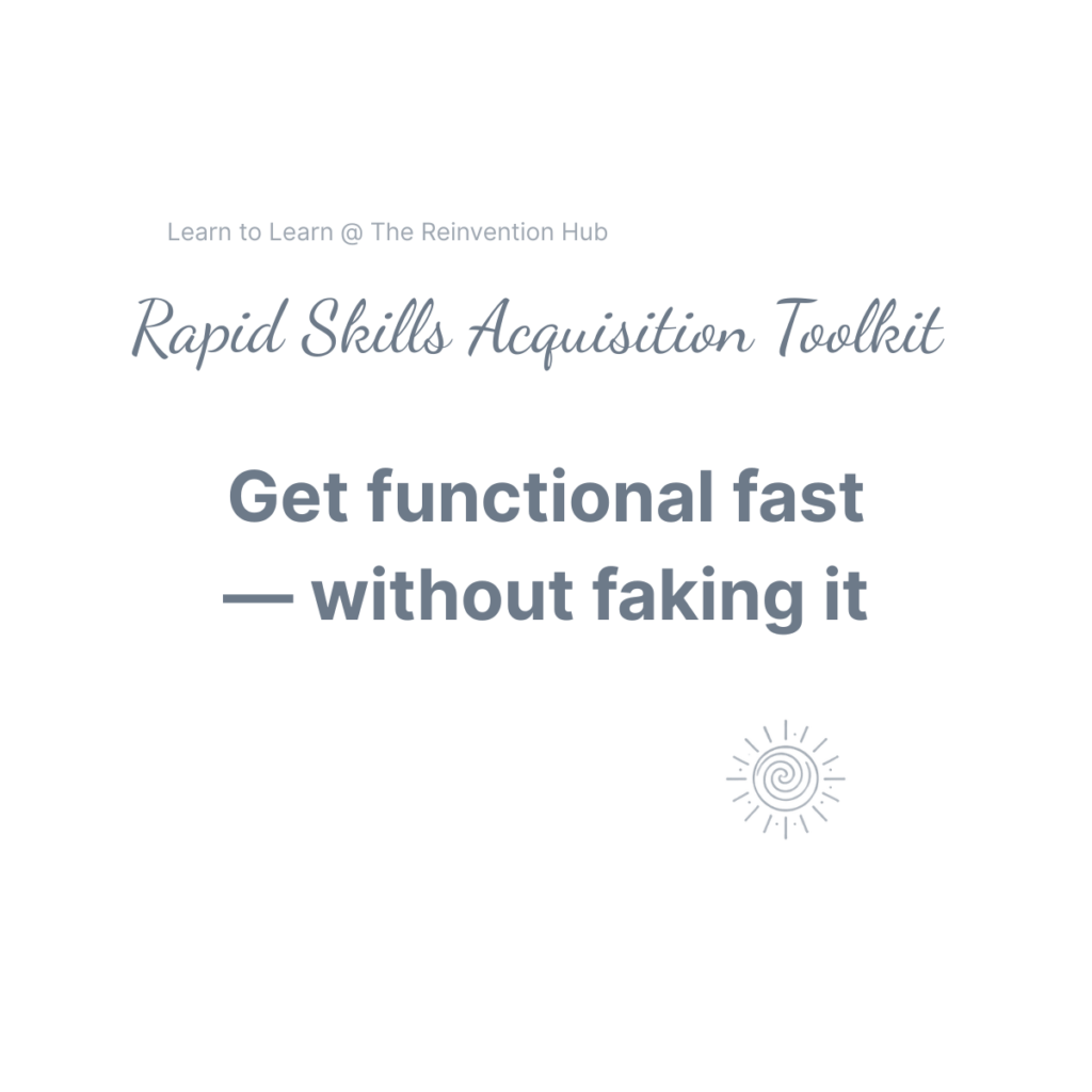 Beaming Bernie logo and stylised lettering in slate grey symbolising Clarity and Confidence to Learn Saying Rapid Skills Acquisition Toolkit: Get functional fast - without faking it. Learn to Learn From the Beaming Bernie Reinvention Hub