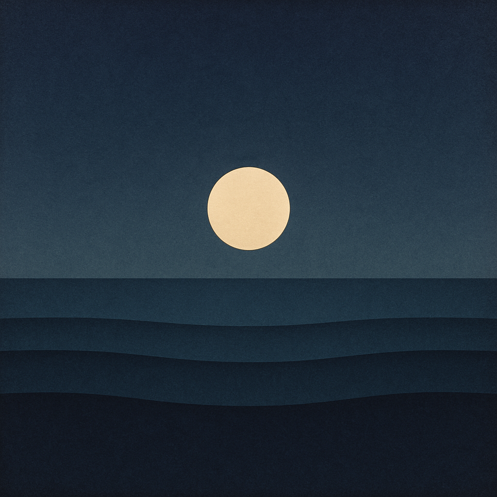 10. “Small sun/moon mid-height above five even thin wave lines suggesting intervals; cadence for ‘The 15’ — Beaming Bernie.”