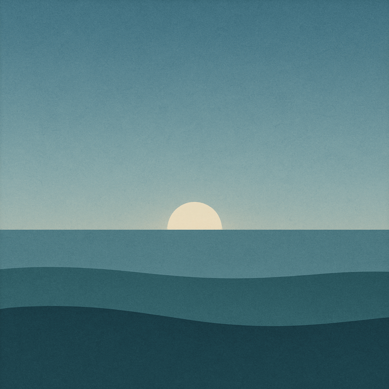 11. “First light halo below horizon, indigo→slate→steel-blue sky, two calm waves; quiet renewal for ‘Preparing · Grounding · Becoming — My 2026 Lens’ — Beaming Bernie.”
