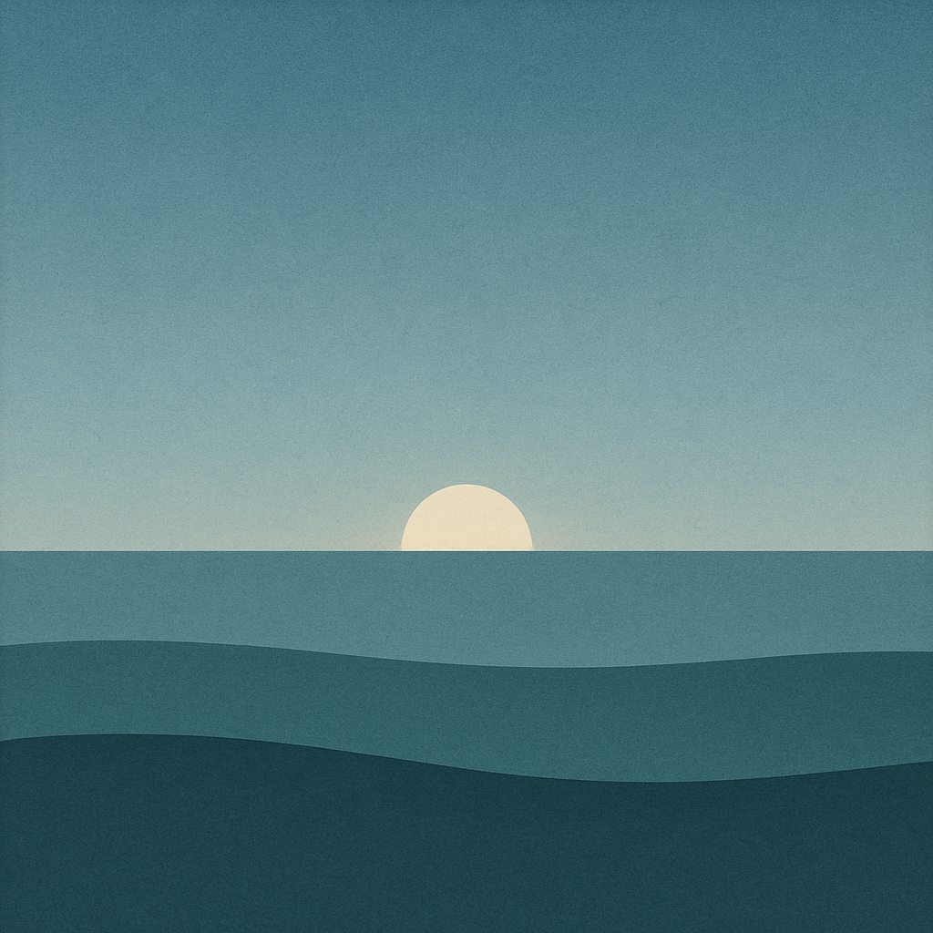 11. “First light halo below horizon, indigo→slate→steel-blue sky, two calm waves; quiet renewal for ‘Preparing · Grounding · Becoming — My 2026 Lens’ — Beaming Bernie.”
