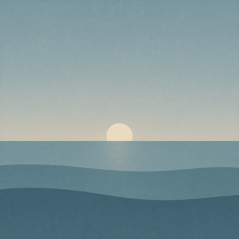 12. “Muted winter dawn with small pale-gold sun and three smooth waves with delicate light path; humane orientation for ‘Start Here’ — Beaming Bernie.”