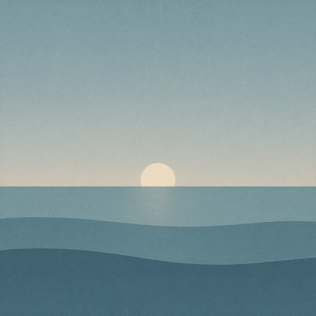 12. “Muted winter dawn with small pale-gold sun and three smooth waves with delicate light path; humane orientation for ‘Start Here’ — Beaming Bernie.”